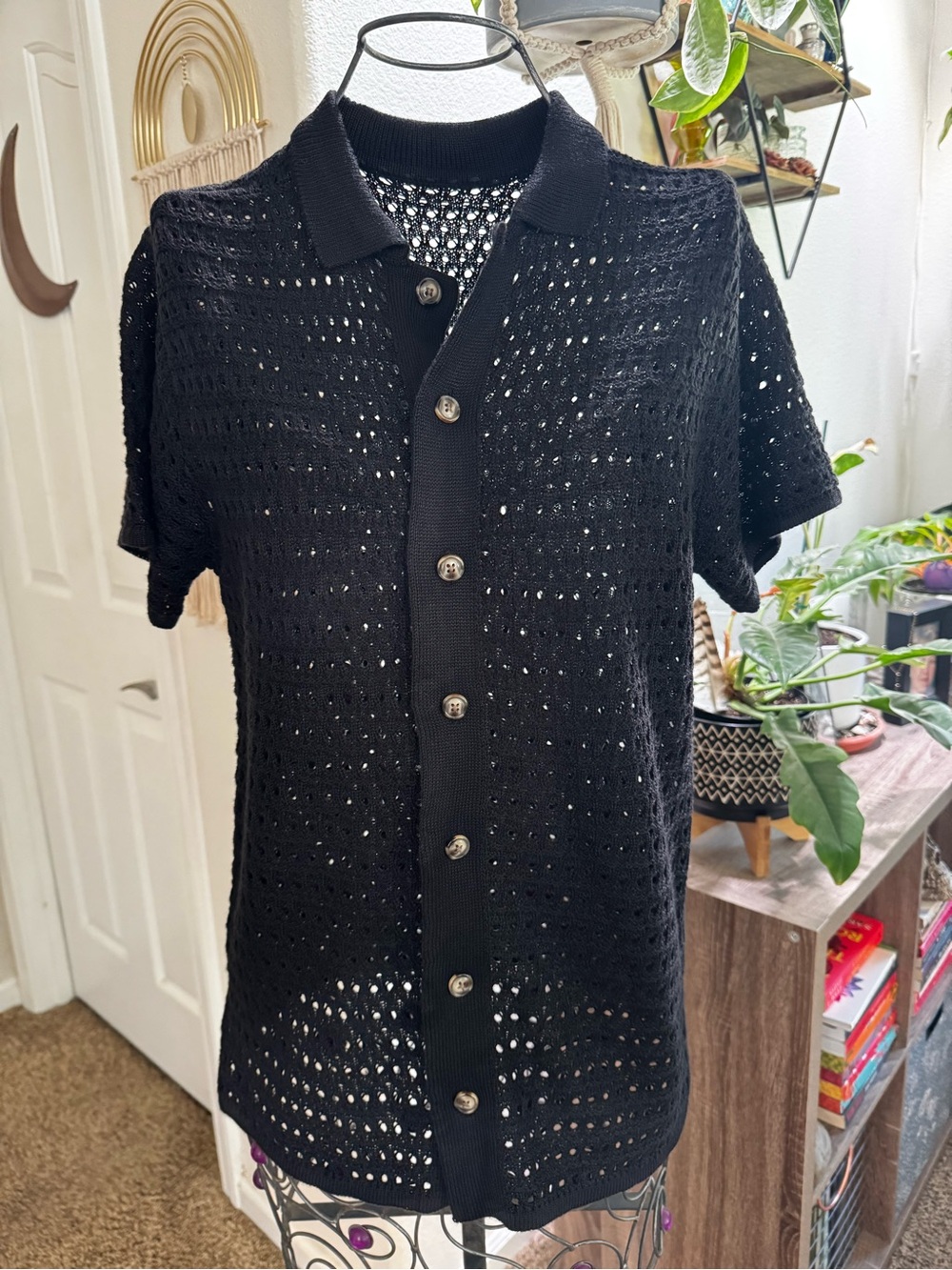 Black Short-Sleeve Button-Down Knit Shirt